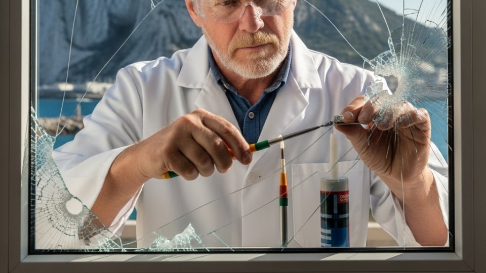 Expert technician demonstrating how to repair broken window glass in gibraltar with proper sealing methods