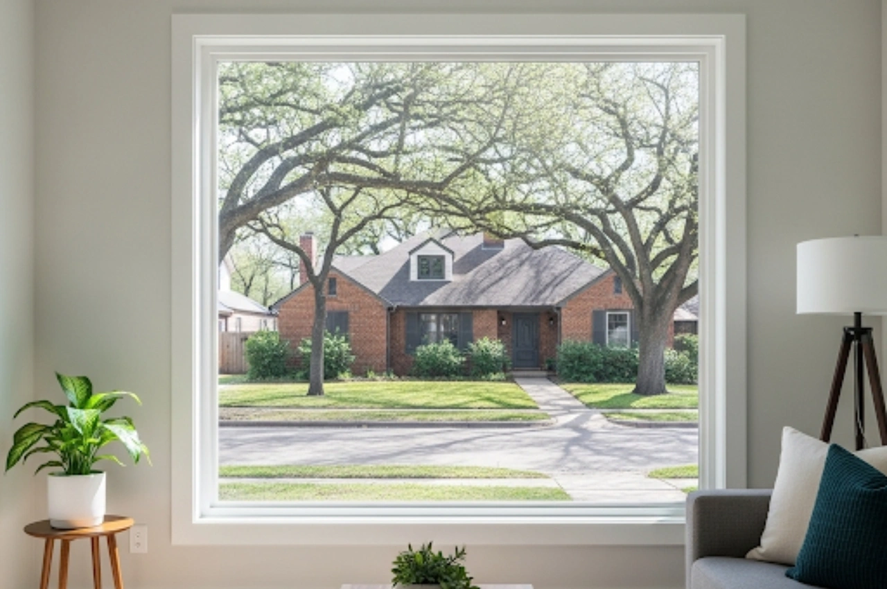 A beautifully replaced picture window in a Belgium living room, showcasing our expert residential glass replacement services.