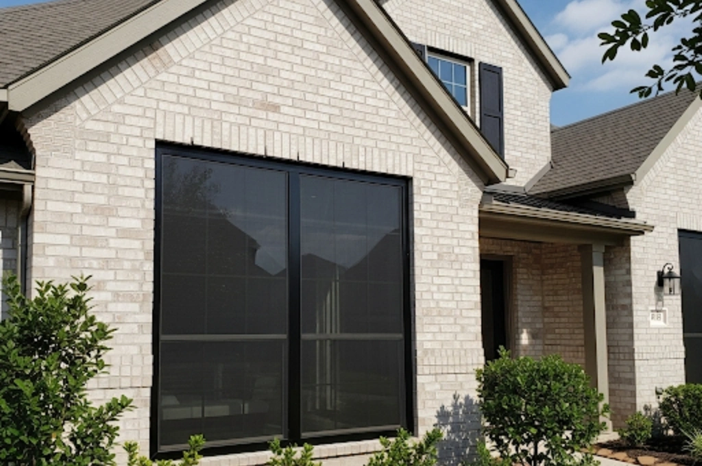 A sleek dark solar screen installed on a sun facing window in a Benbrook home demonstrating our energy efficient solutions