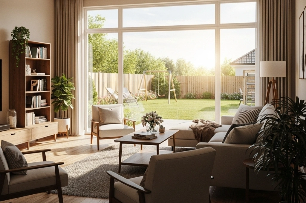 An energy efficient picture window in a Antwerp (Berchem) home providing a clear view after a window seal repair that lowered AandC costs